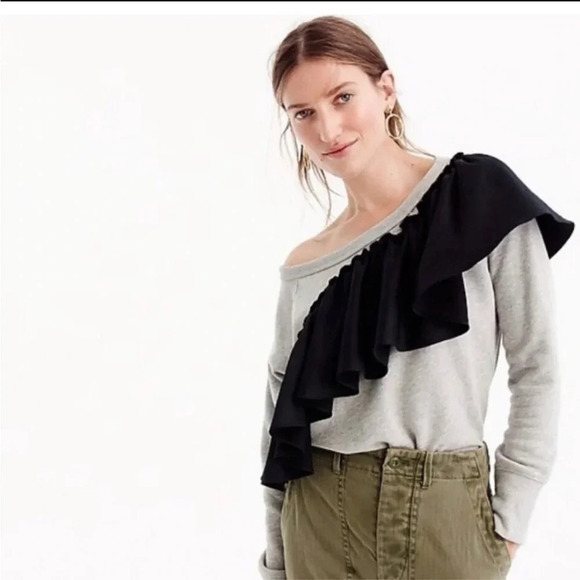 J. Crew Tops - J.Crew asymmetrical ruffle pullover sweatshirt grey and black size: Small